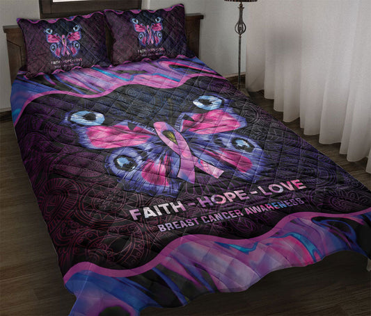 Breast Cancer Quilt Set, Mandala Pink Moth Butterfly Faith Hope Love Breast Cancer Awareness Quilt Blanket With Pillowcases, Quilt Bedding Set