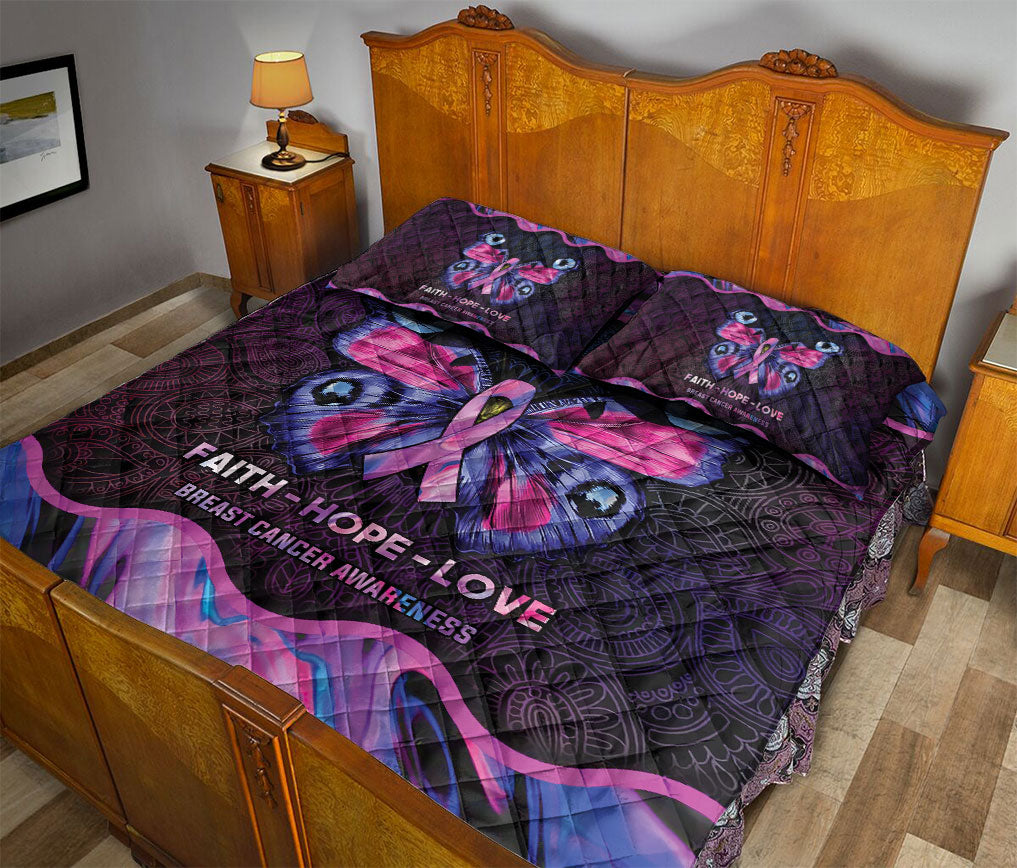 Breast Cancer Quilt Set, Mandala Pink Moth Butterfly Faith Hope Love Breast Cancer Awareness Quilt Blanket With Pillowcases, Quilt Bedding Set