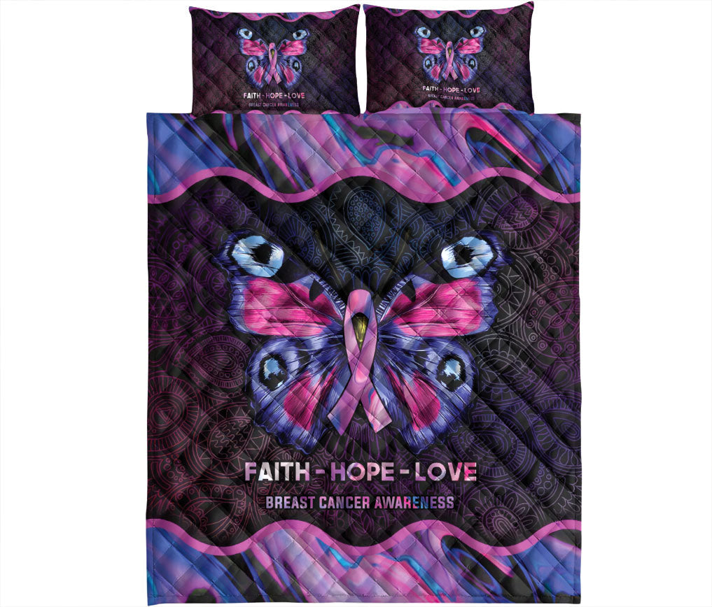 Breast Cancer Quilt Set, Mandala Pink Moth Butterfly Faith Hope Love Breast Cancer Awareness Quilt Blanket With Pillowcases, Quilt Bedding Set