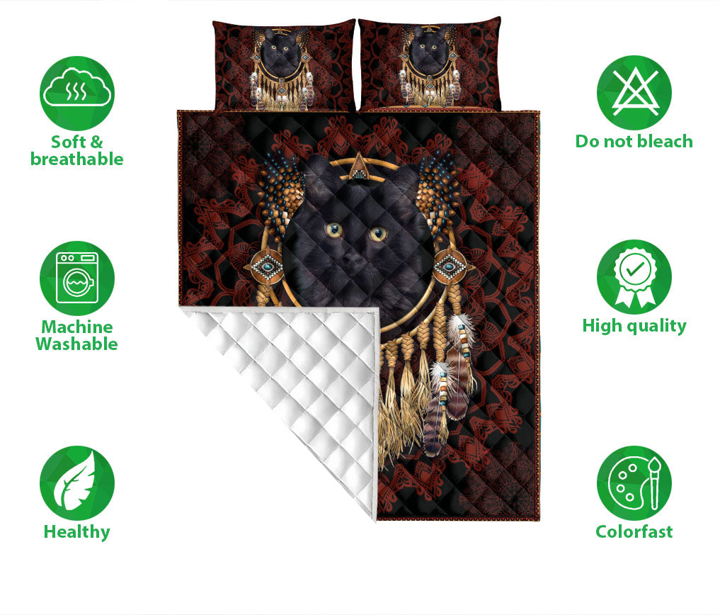 Black Cat,Cat Quilt Set, Black Cat Dreamcatcher Native Black Red Quilt Blanket With Pillowcases, Quilt Bedding Set