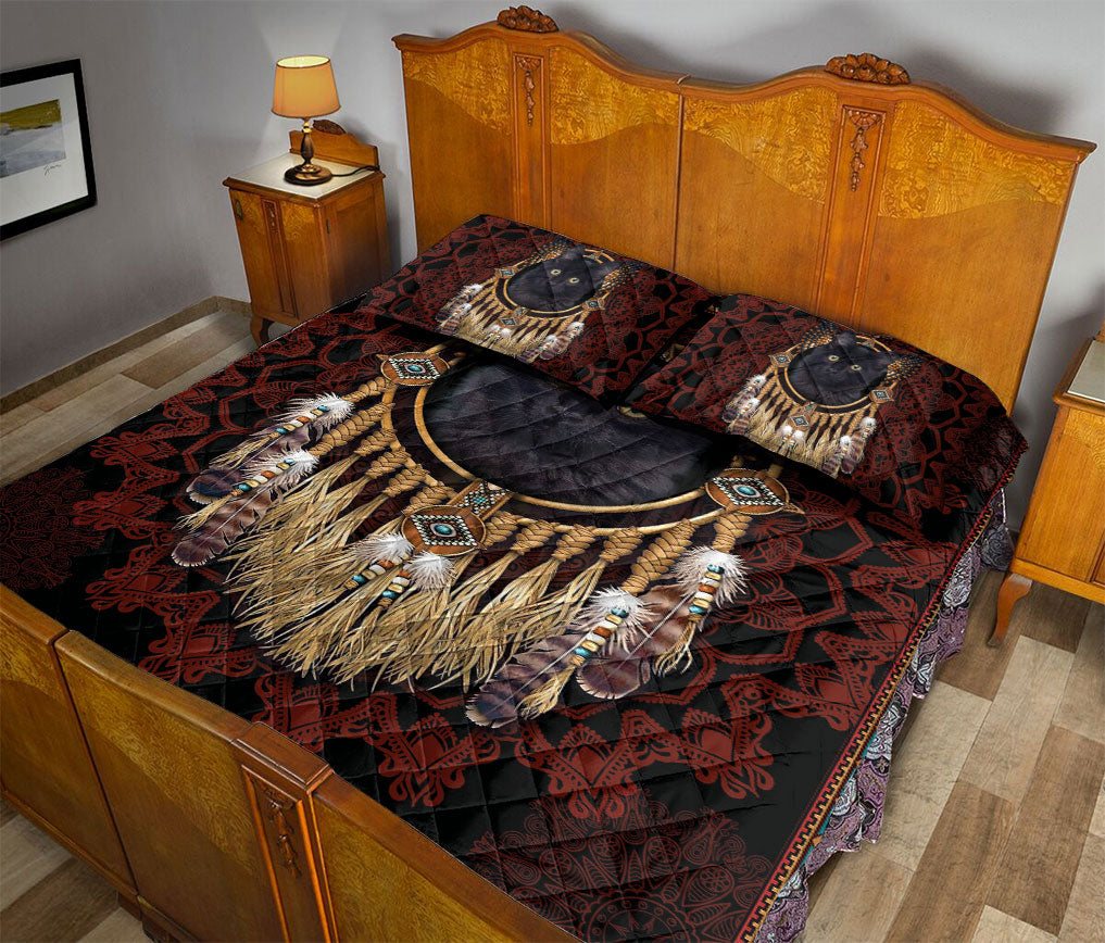 Black Cat,Cat Quilt Set, Black Cat Dreamcatcher Native Black Red Quilt Blanket With Pillowcases, Quilt Bedding Set
