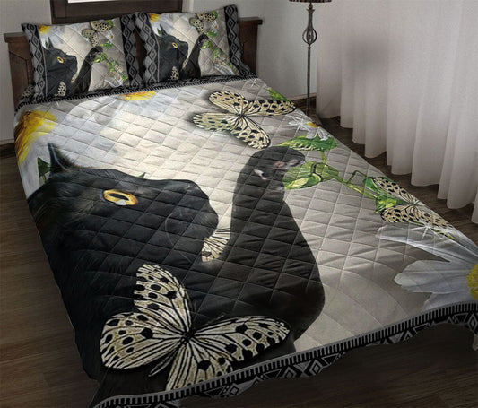 Black Cat,Cat Quilt Set, Black Cat Butterfly Flower Quilt Blanket With Pillowcases, Quilt Bedding Set