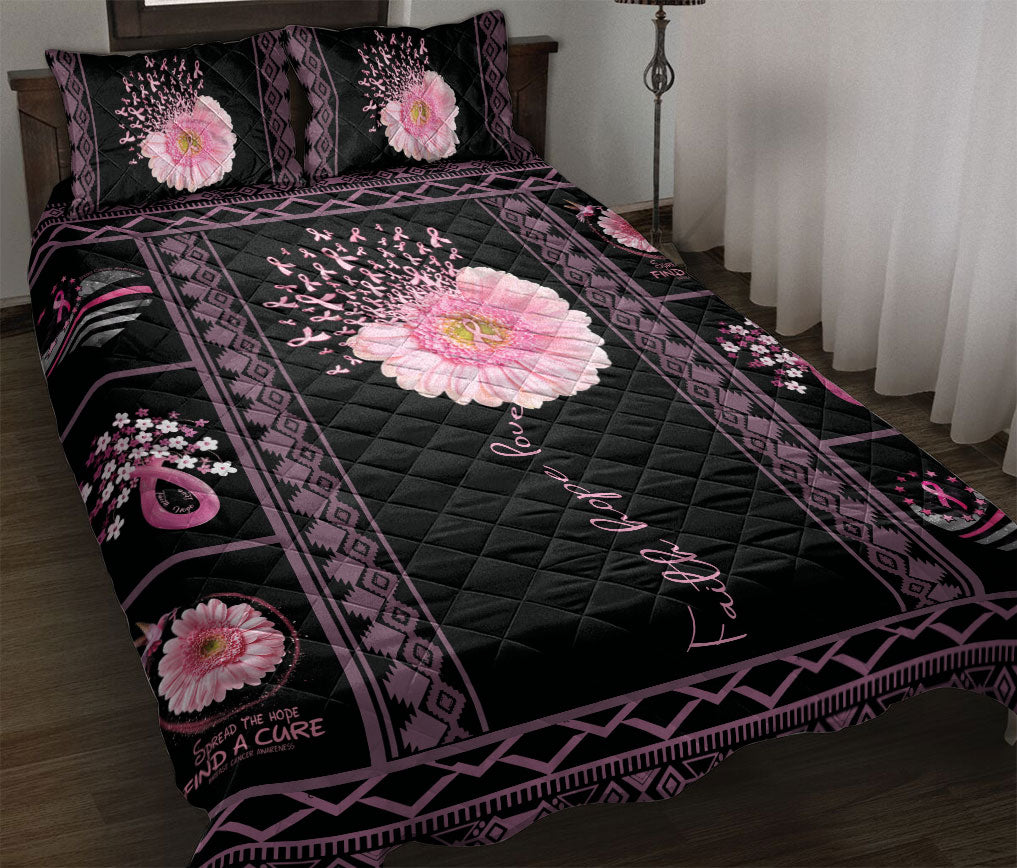 Breast Cancer Quilt Set, Patchwork Pink Flower Breast Cancer Awareness Black Quilt Blanket With Pillowcases, Quilt Bedding Set