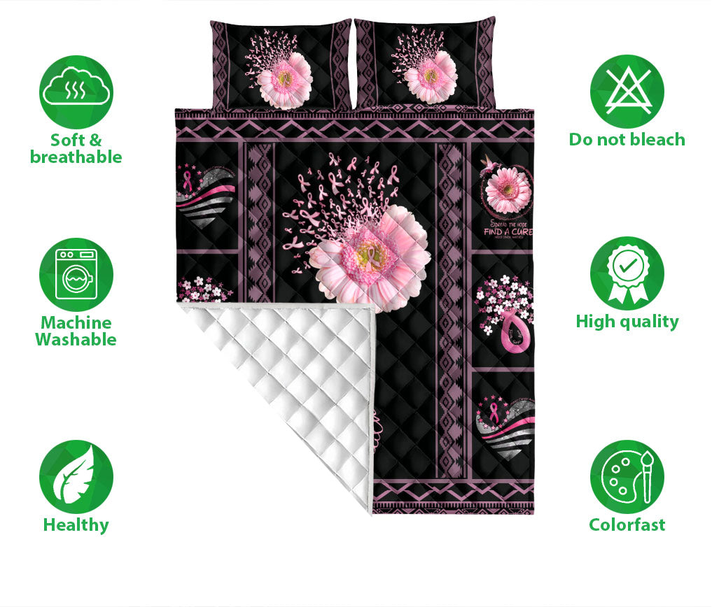 Breast Cancer Quilt Set, Patchwork Pink Flower Breast Cancer Awareness Black Quilt Blanket With Pillowcases, Quilt Bedding Set