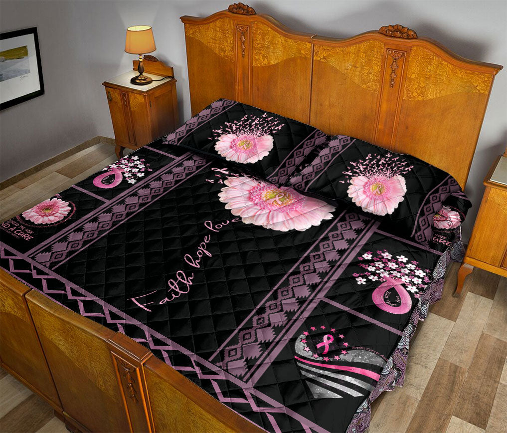 Breast Cancer Quilt Set, Patchwork Pink Flower Breast Cancer Awareness Black Quilt Blanket With Pillowcases, Quilt Bedding Set
