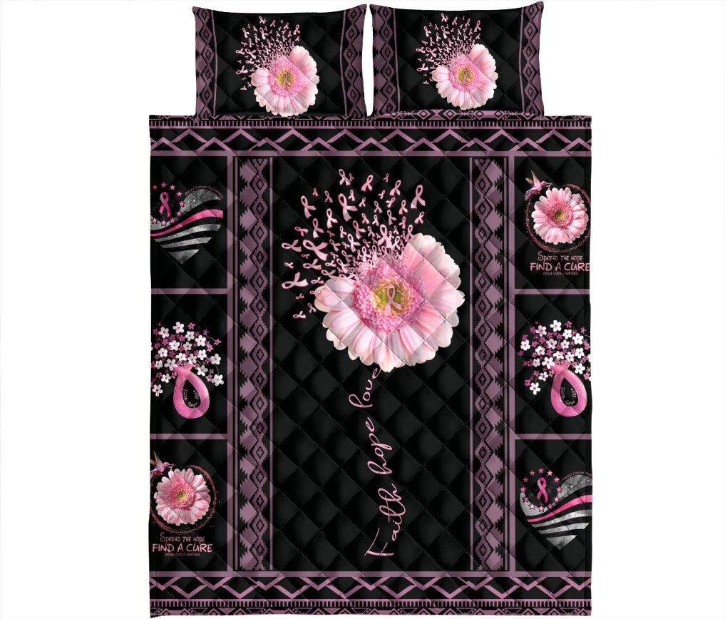 Breast Cancer Quilt Set, Patchwork Pink Flower Breast Cancer Awareness Black Quilt Blanket With Pillowcases, Quilt Bedding Set
