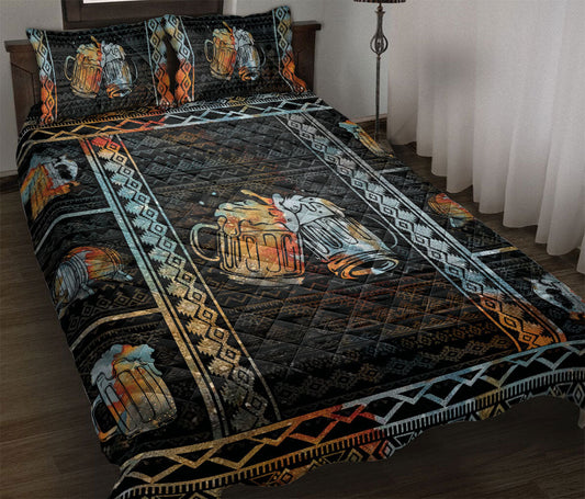Beer Quilt Set, Dinker Beer Patchwork Black Quilt Blanket With Pillowcases, Quilt Bedding Set