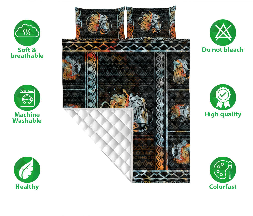 Beer Quilt Set, Dinker Beer Patchwork Black Quilt Blanket With Pillowcases, Quilt Bedding Set