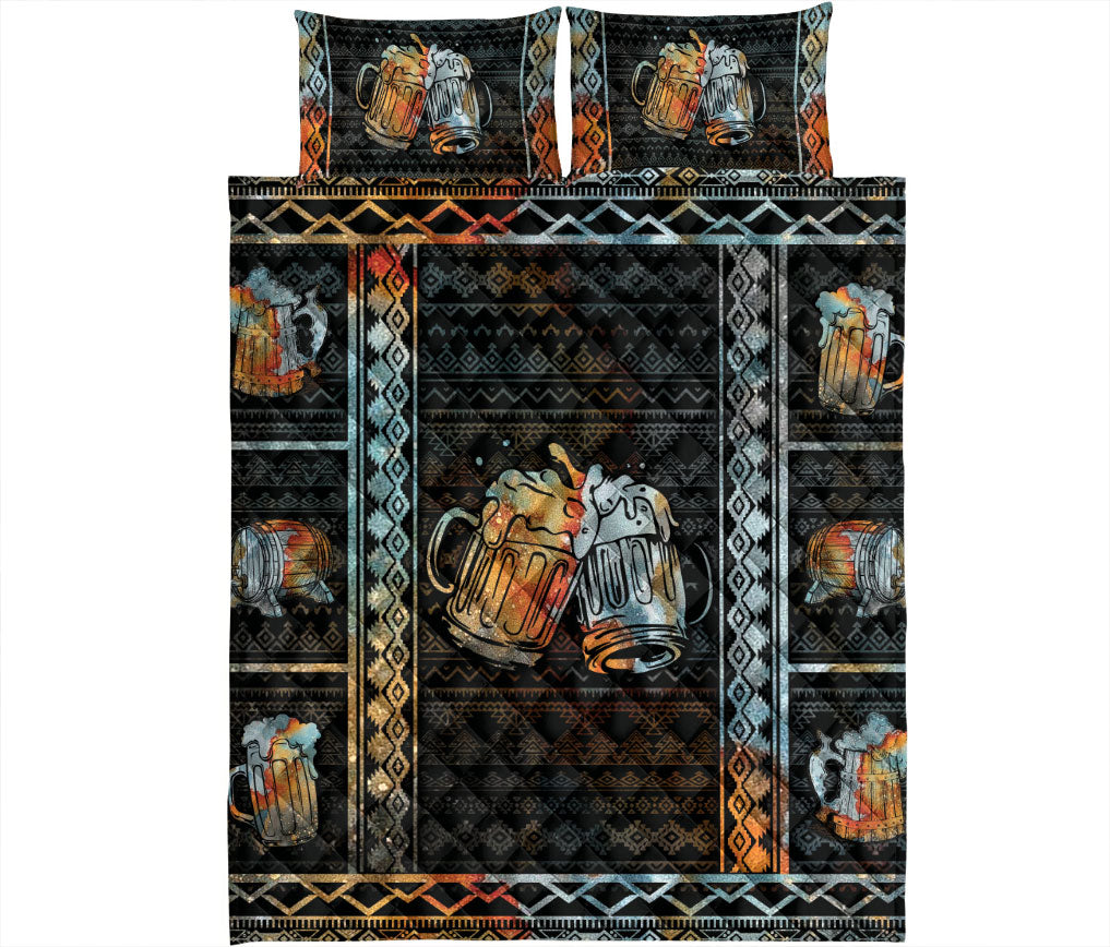 Beer Quilt Set, Dinker Beer Patchwork Black Quilt Blanket With Pillowcases, Quilt Bedding Set