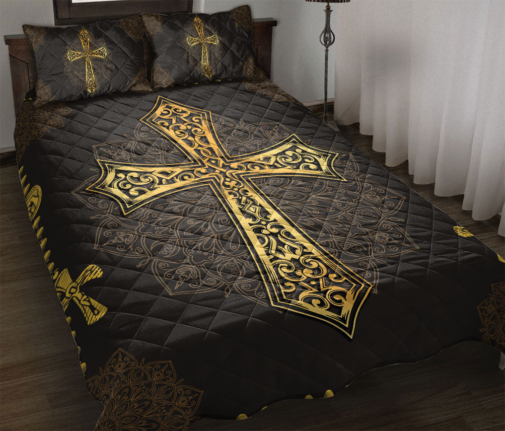 Christian, Jesus, God, Bible Quilt Set, Mandala Yellow Black Jesus Crossian Religio Us Quilt Blanket With Pillowcases, Quilt Bedding Set