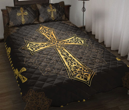 Christian, Jesus, God, Bible Quilt Set, Mandala Yellow Black Jesus Crossian Religio Us Quilt Blanket With Pillowcases, Quilt Bedding Set