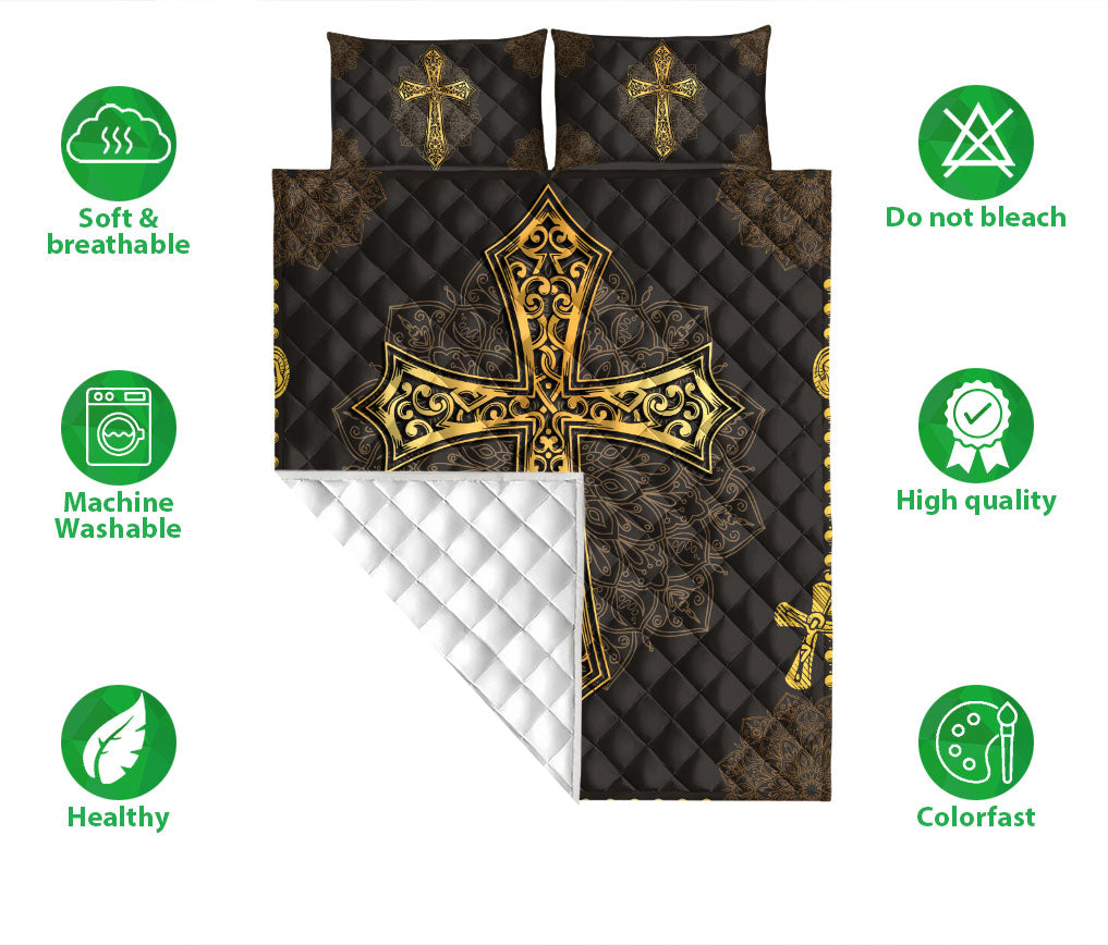 Christian, Jesus, God, Bible Quilt Set, Mandala Yellow Black Jesus Crossian Religio Us Quilt Blanket With Pillowcases, Quilt Bedding Set