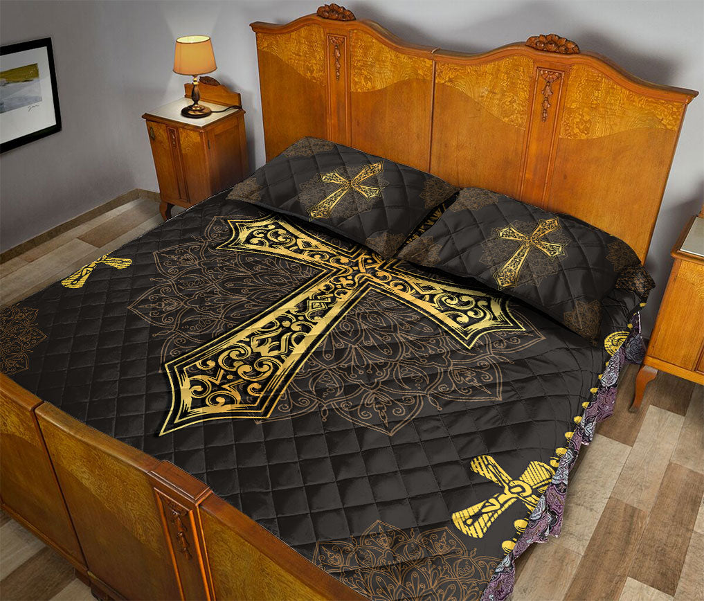 Christian, Jesus, God, Bible Quilt Set, Mandala Yellow Black Jesus Crossian Religio Us Quilt Blanket With Pillowcases, Quilt Bedding Set