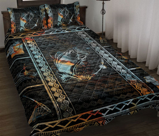 Fishing Quilt Set, Patchwork Fly Bass Fissh Fishing Quilt Blanket With Pillowcases, Quilt Bedding Set