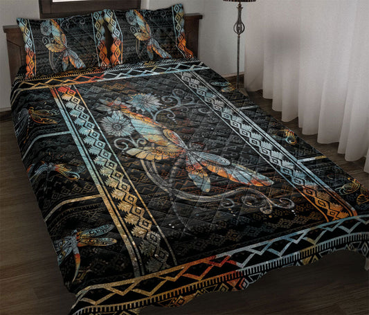 Dragonfly Quilt Set, Dragonfly Flower Patchwork Black Quilt Blanket With Pillowcases, Quilt Bedding Set