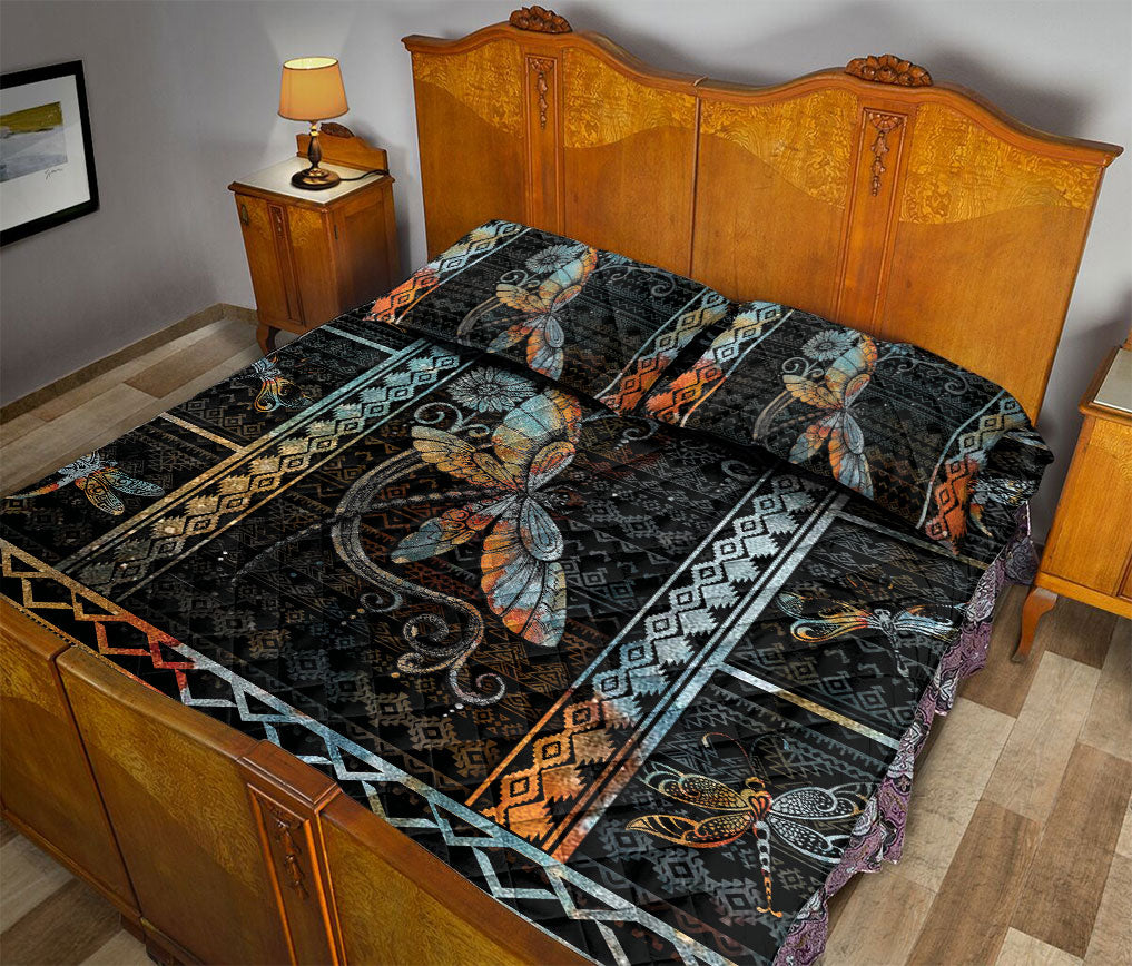 Dragonfly Quilt Set, Dragonfly Flower Patchwork Black Quilt Blanket With Pillowcases, Quilt Bedding Set