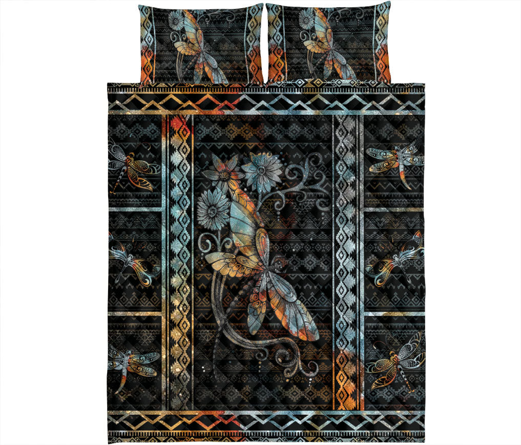 Dragonfly Quilt Set, Dragonfly Flower Patchwork Black Quilt Blanket With Pillowcases, Quilt Bedding Set