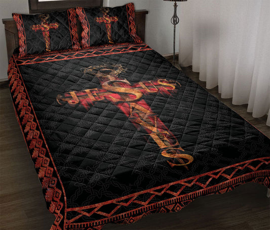 Christian, Jesus, God, Bible Quilt Set, Red Black Jesus Save Crossian Quilt Blanket With Pillowcases, Quilt Bedding Set