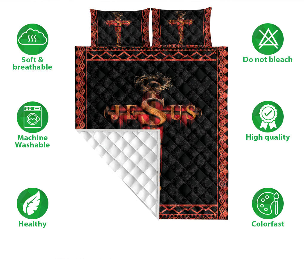 Christian, Jesus, God, Bible Quilt Set, Red Black Jesus Save Crossian Quilt Blanket With Pillowcases, Quilt Bedding Set