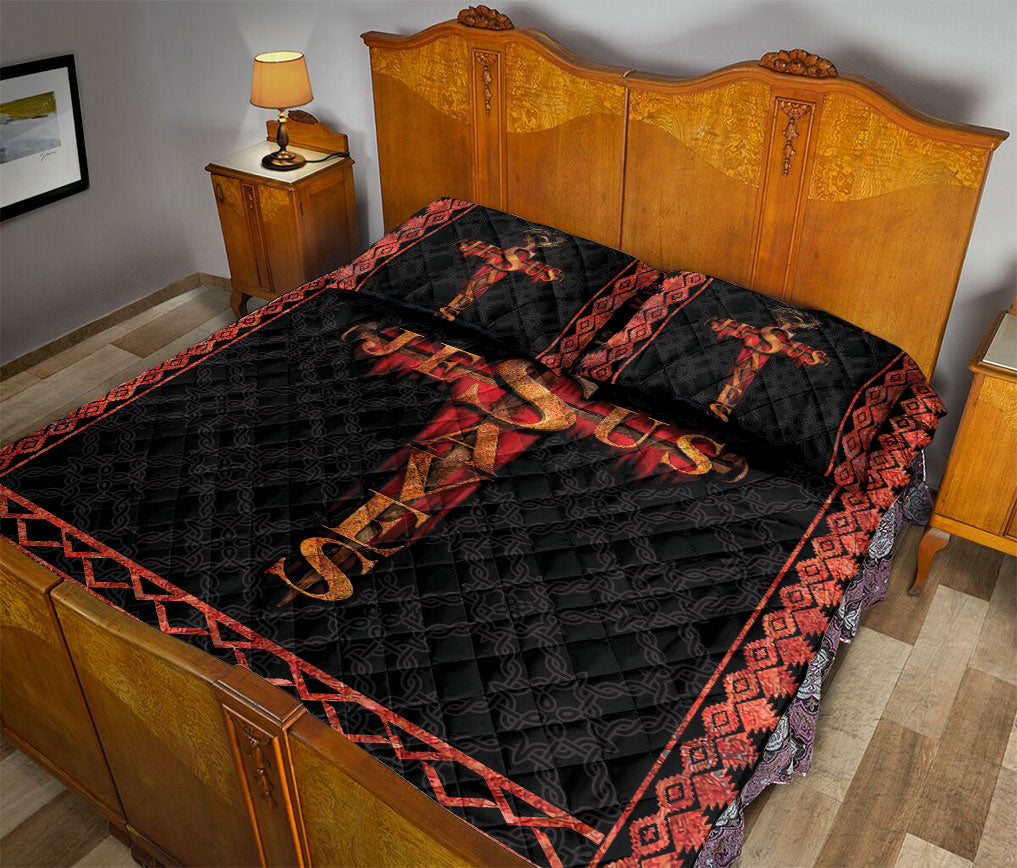 Christian, Jesus, God, Bible Quilt Set, Red Black Jesus Save Crossian Quilt Blanket With Pillowcases, Quilt Bedding Set