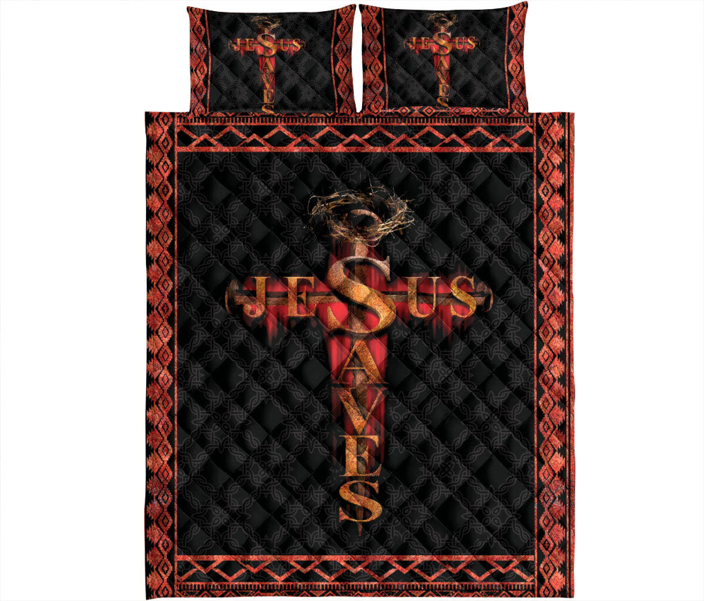 Christian, Jesus, God, Bible Quilt Set, Red Black Jesus Save Crossian Quilt Blanket With Pillowcases, Quilt Bedding Set