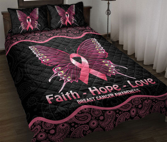 Breast Cancer Quilt Set, Faith Hope Love Pink Butterfly Breast Cancer Awareness Black Quilt Blanket With Pillowcases, Quilt Bedding Set