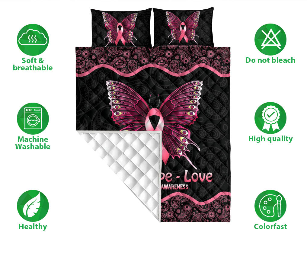 Breast Cancer Quilt Set, Faith Hope Love Pink Butterfly Breast Cancer Awareness Black Quilt Blanket With Pillowcases, Quilt Bedding Set