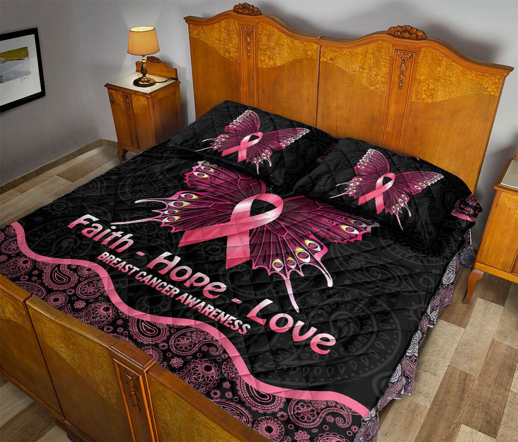 Breast Cancer Quilt Set, Faith Hope Love Pink Butterfly Breast Cancer Awareness Black Quilt Blanket With Pillowcases, Quilt Bedding Set