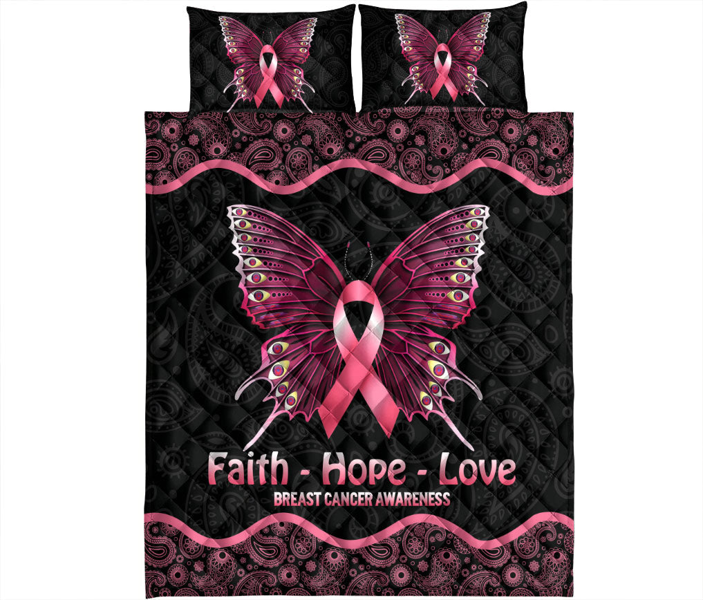 Breast Cancer Quilt Set, Faith Hope Love Pink Butterfly Breast Cancer Awareness Black Quilt Blanket With Pillowcases, Quilt Bedding Set