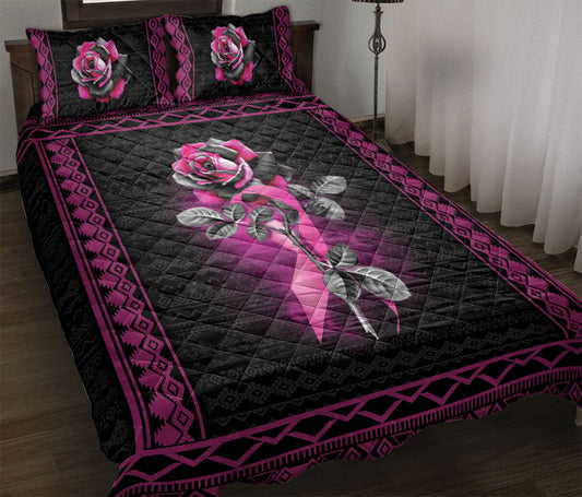 Breast Cancer Quilt Set, Breast Cancer Awareness Pink Rose Black Quilt Blanket With Pillowcases, Quilt Bedding Set