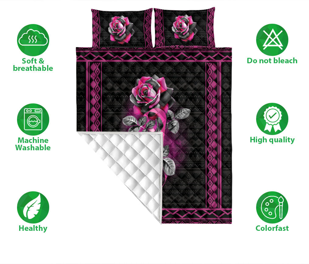 Breast Cancer Quilt Set, Breast Cancer Awareness Pink Rose Black Quilt Blanket With Pillowcases, Quilt Bedding Set