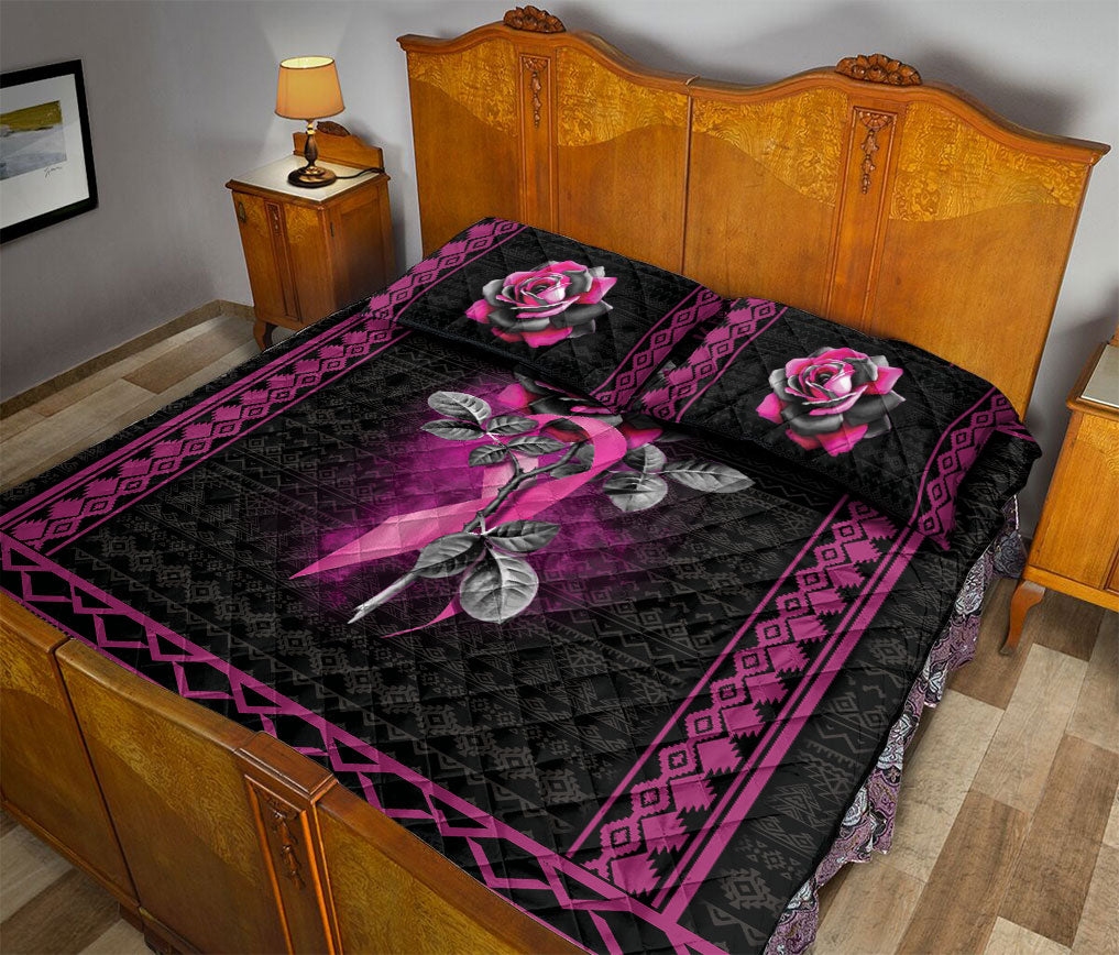 Breast Cancer Quilt Set, Breast Cancer Awareness Pink Rose Black Quilt Blanket With Pillowcases, Quilt Bedding Set