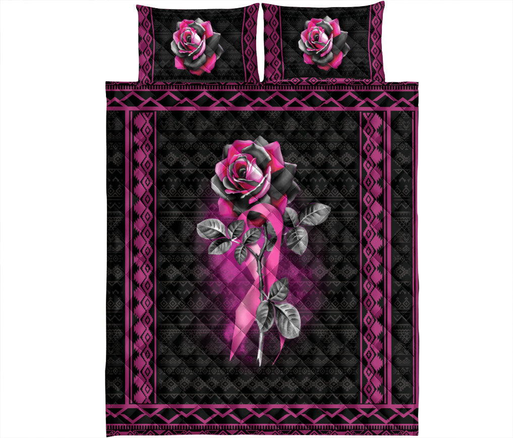 Breast Cancer Quilt Set, Breast Cancer Awareness Pink Rose Black Quilt Blanket With Pillowcases, Quilt Bedding Set