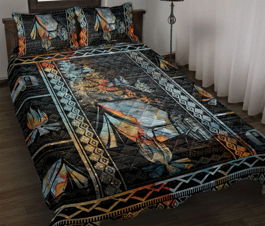 Camping Quilt Set, Camping Camper Camfire Tent Patchwork Quilt Blanket With Pillowcases, Quilt Bedding Set