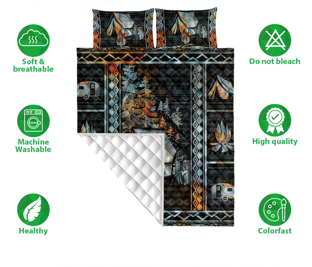 Camping Quilt Set, Camping Camper Camfire Tent Patchwork Quilt Blanket With Pillowcases, Quilt Bedding Set