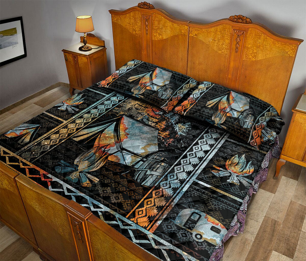 Camping Quilt Set, Camping Camper Camfire Tent Patchwork Quilt Blanket With Pillowcases, Quilt Bedding Set