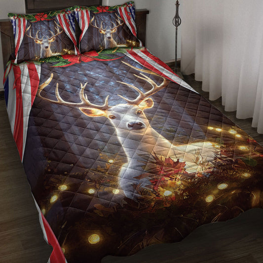 Deer Quilt Set, Beautiful Deermas Light Inest Us Flag Quilt Blanket With Pillowcases, Quilt Bedding Set, Christmas Gift
