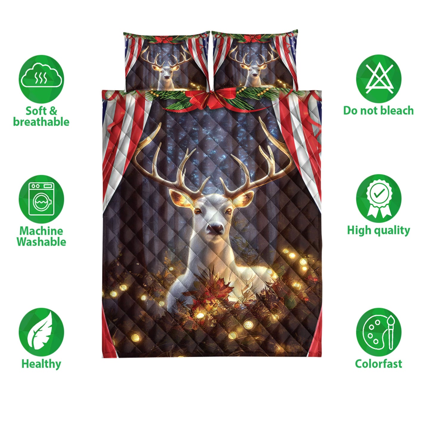 Deer Quilt Set, Beautiful Deermas Light Inest Us Flag Quilt Blanket With Pillowcases, Quilt Bedding Set, Christmas Gift