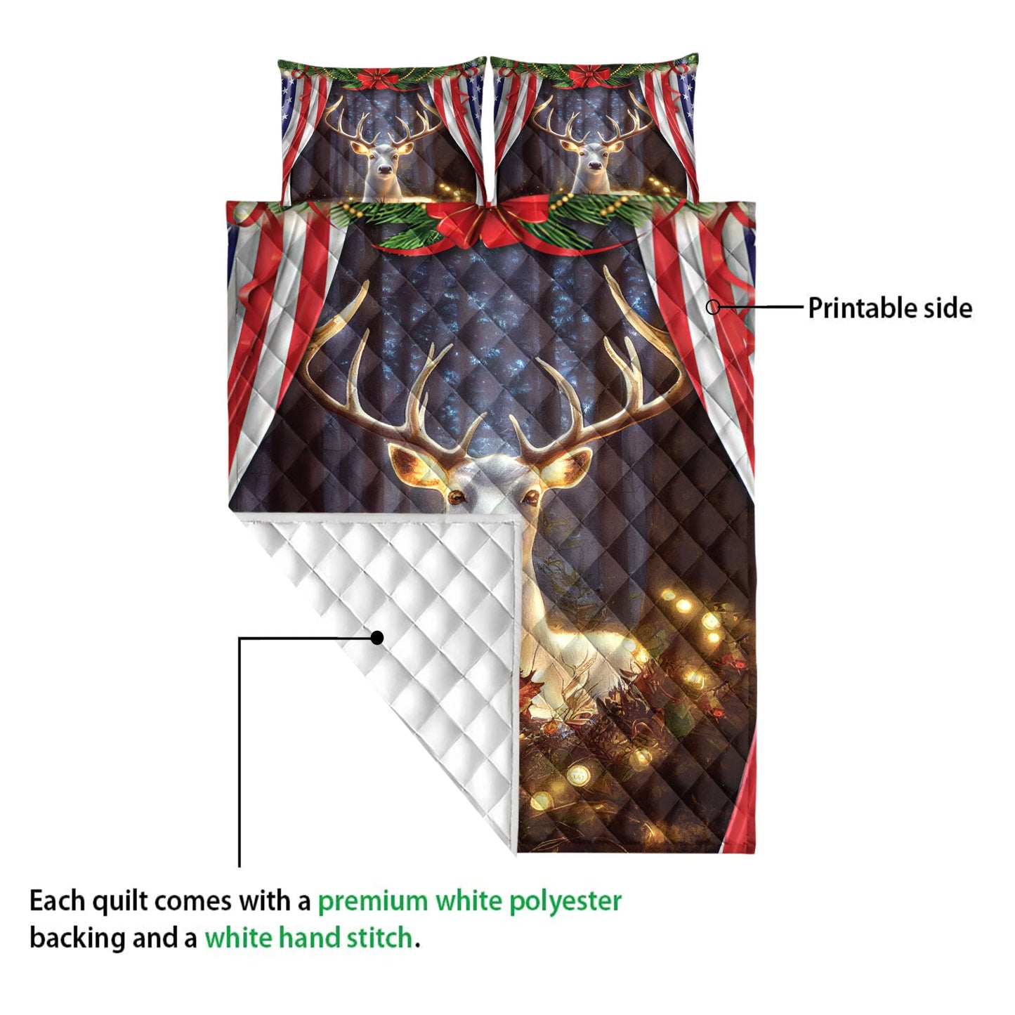 Deer Quilt Set, Beautiful Deermas Light Inest Us Flag Quilt Blanket With Pillowcases, Quilt Bedding Set, Christmas Gift