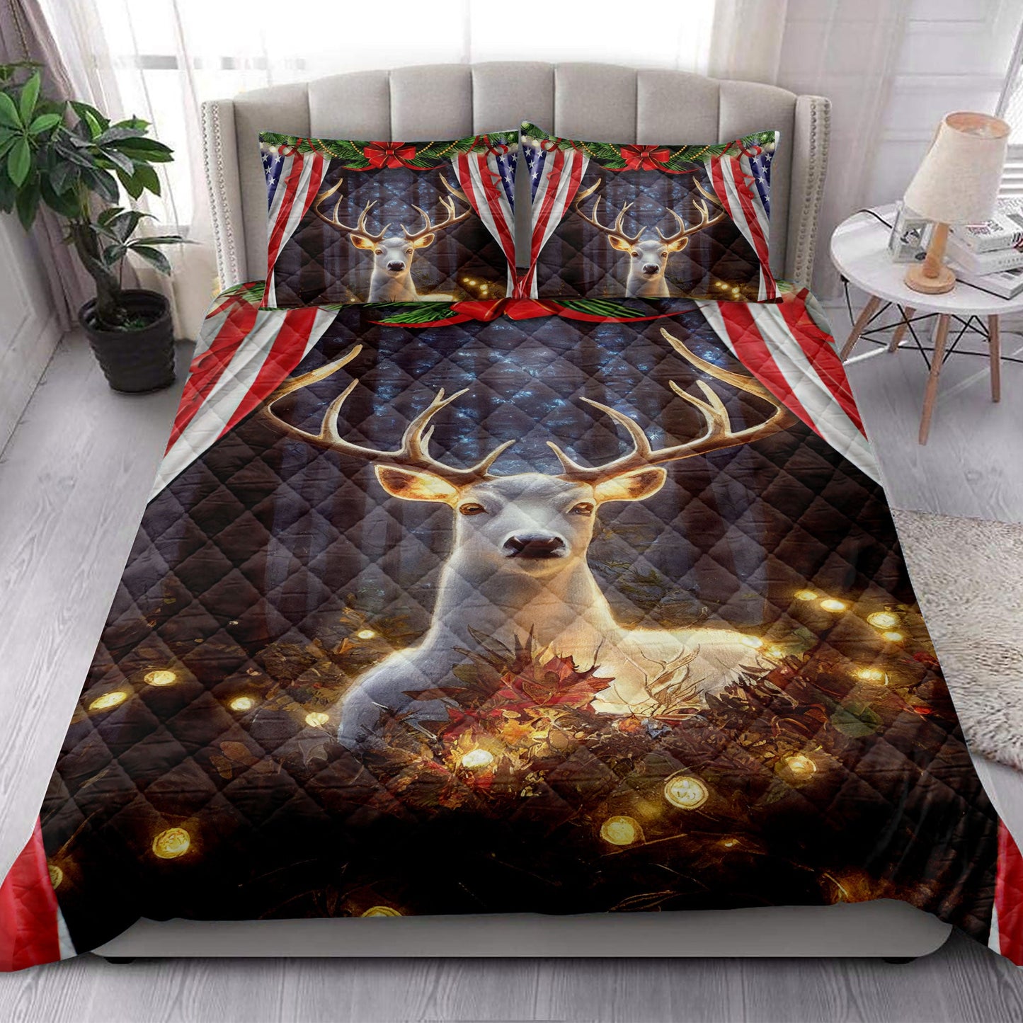 Deer Quilt Set, Beautiful Deermas Light Inest Us Flag Quilt Blanket With Pillowcases, Quilt Bedding Set, Christmas Gift