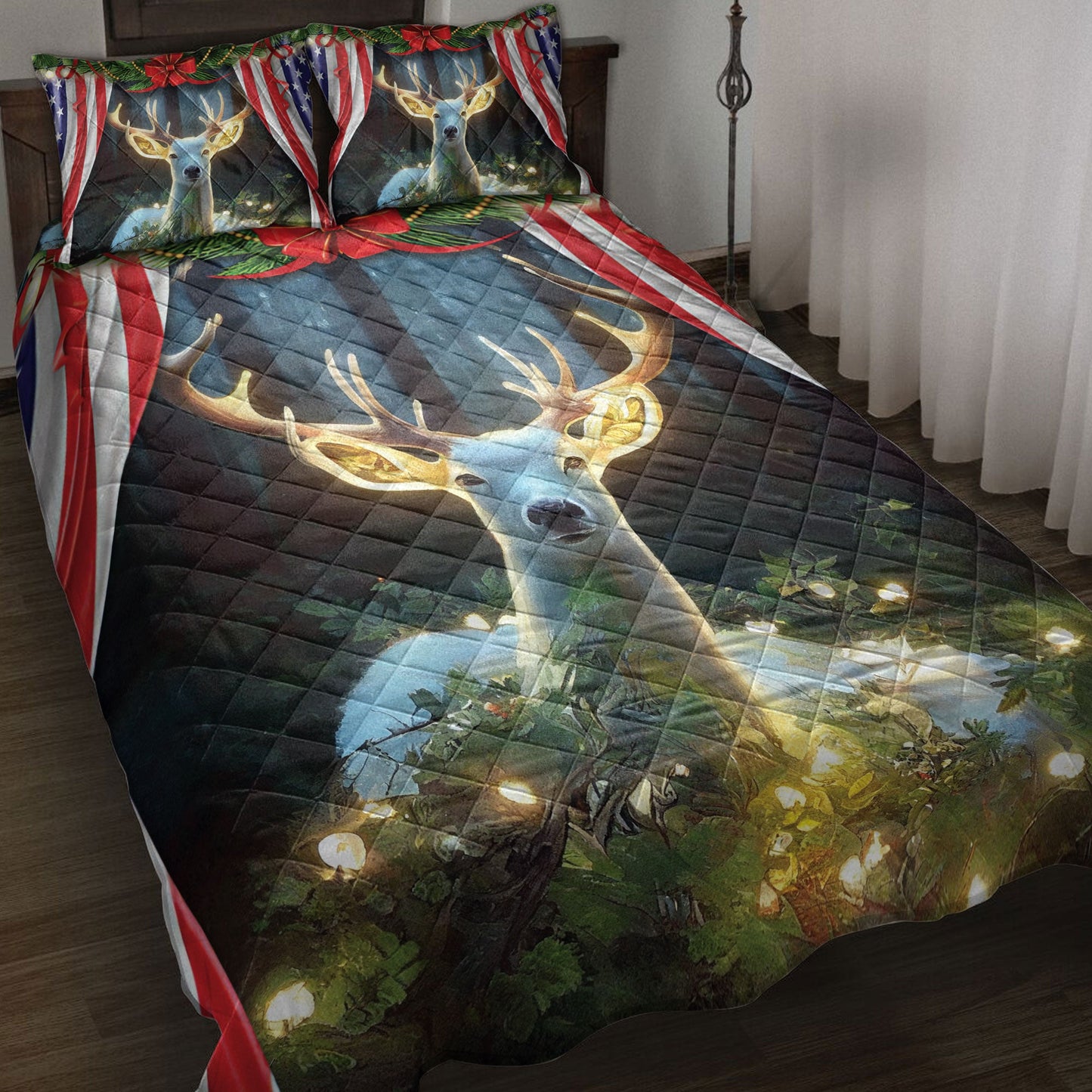 Deer Quilt Set, White Deermas Light Inest Us Flag Quilt Blanket With Pillowcases, Quilt Bedding Set, Christmas Gift