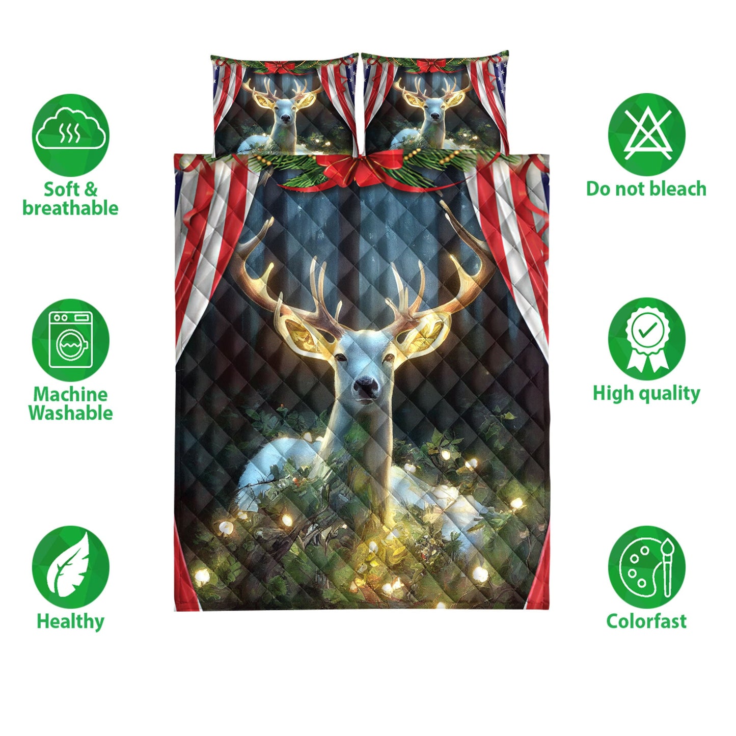 Deer Quilt Set, White Deermas Light Inest Us Flag Quilt Blanket With Pillowcases, Quilt Bedding Set, Christmas Gift