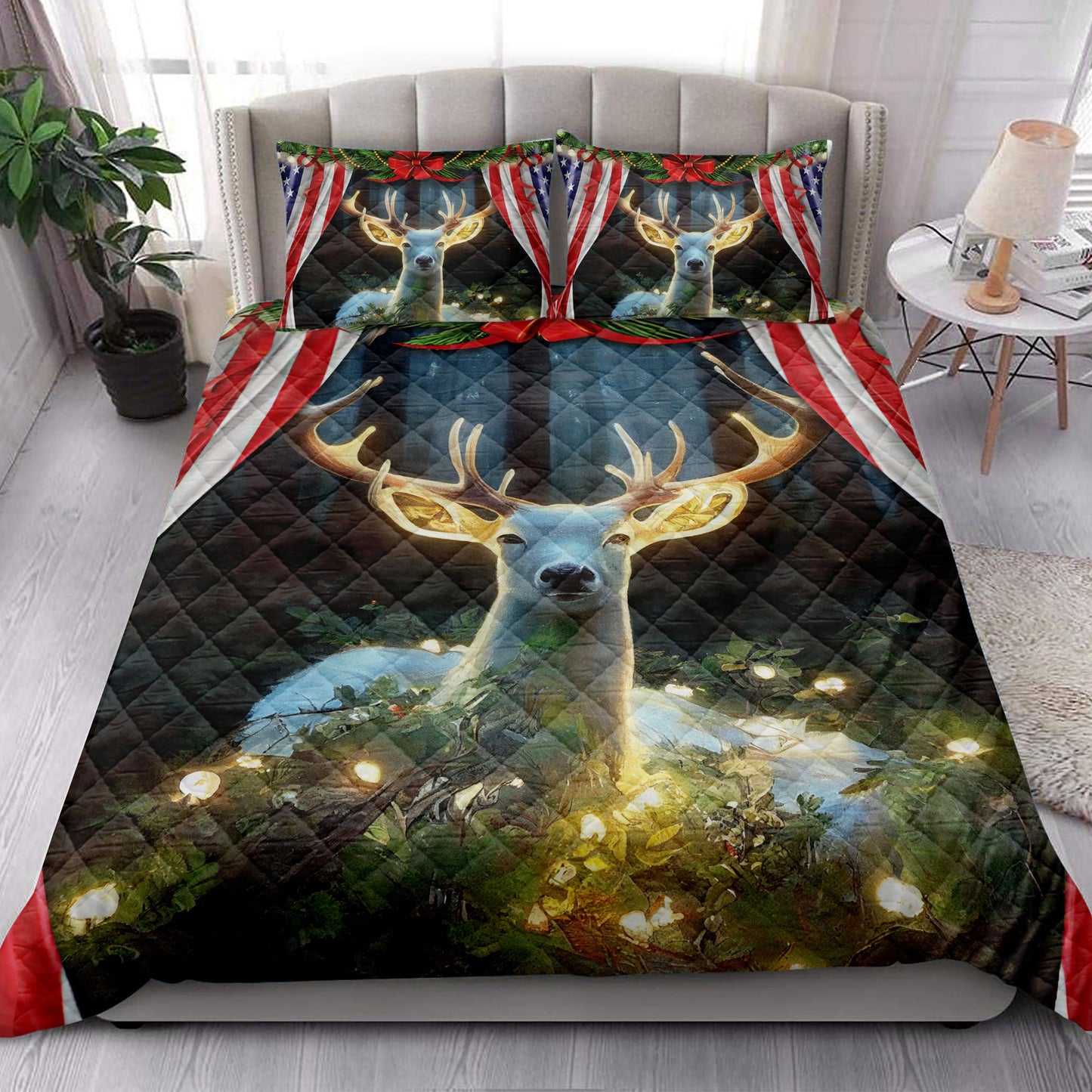 Deer Quilt Set, White Deermas Light Inest Us Flag Quilt Blanket With Pillowcases, Quilt Bedding Set, Christmas Gift