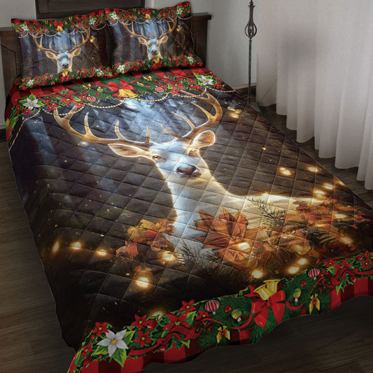 Deer Quilt Set, Beautiful Deer With Poinsettiamas Light Quilt Blanket With Pillowcases, Quilt Bedding Set, Christmas Gift