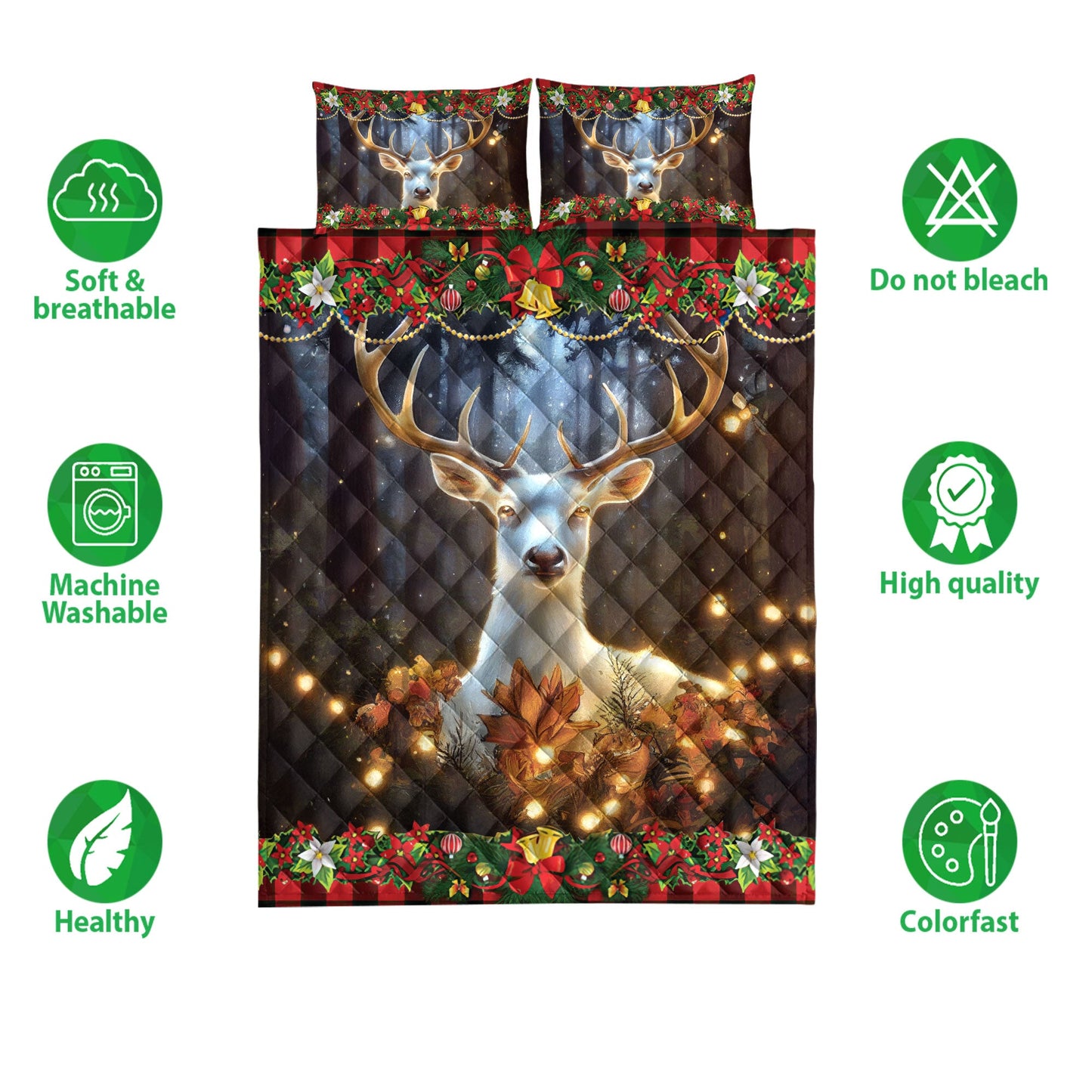 Deer Quilt Set, Beautiful Deer With Poinsettiamas Light Quilt Blanket With Pillowcases, Quilt Bedding Set, Christmas Gift