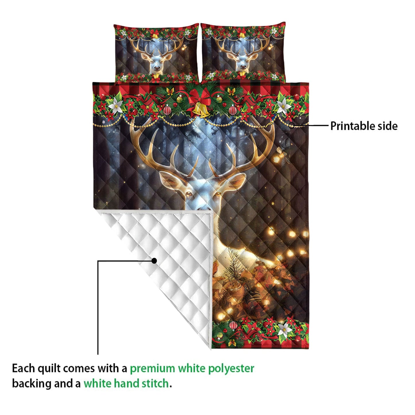 Deer Quilt Set, Beautiful Deer With Poinsettiamas Light Quilt Blanket With Pillowcases, Quilt Bedding Set, Christmas Gift