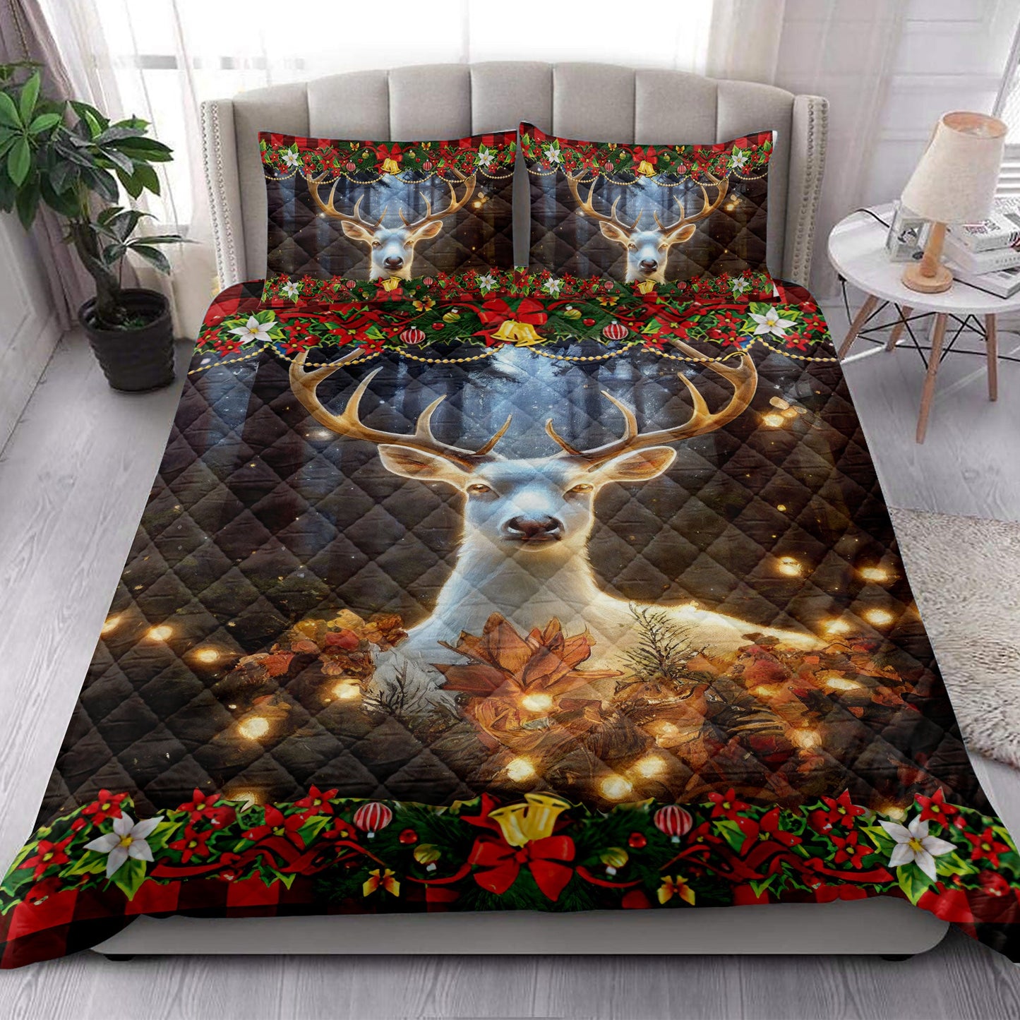 Deer Quilt Set, Beautiful Deer With Poinsettiamas Light Quilt Blanket With Pillowcases, Quilt Bedding Set, Christmas Gift