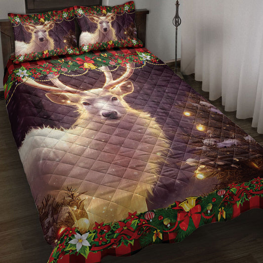 Deer Quilt Set, Mystic White Deer Withmas Light Quilt Blanket With Pillowcases, Quilt Bedding Set, Christmas Gift