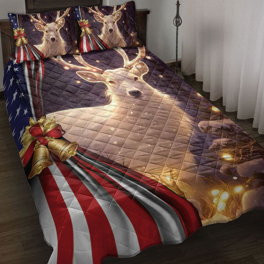 Deer Quilt Set, Beautiful Deer Withmas Bell Us Flagmas Quilt Blanket With Pillowcases, Quilt Bedding Set, Christmas Gift