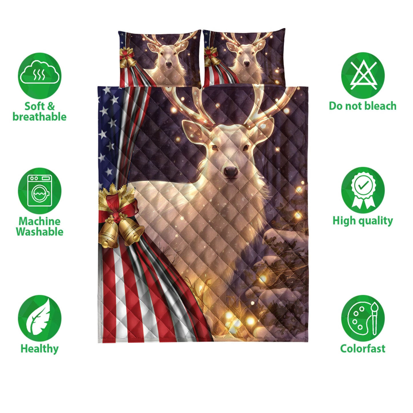 Deer Quilt Set, Beautiful Deer Withmas Bell Us Flagmas Quilt Blanket With Pillowcases, Quilt Bedding Set, Christmas Gift
